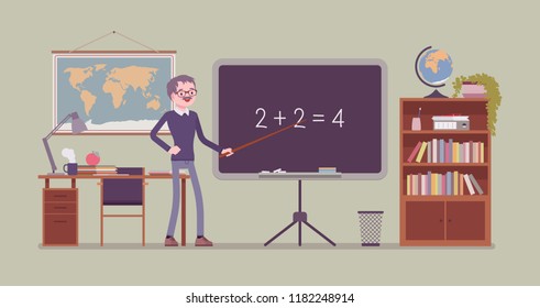 Male teacher stands at the blackboard. School, university, college worker, at lesson in classroom. Professional education and learning concept. Vector flat style cartoon illustration