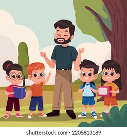 male teacher with students in camp scene