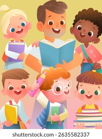 Professor e alunos do sexo masculino juntos na aula mantendo livros lendo e estudando. De volta ao design escolar, desenhos animados de alunos de diversas classes. Ilustração de pôster vetorial para educação infantil.
