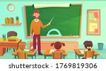 Male teacher teaches students in elementary school class. Education teacher stay at blackboard, teaching and learning in classroom. Vector illustration