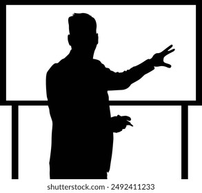 Ein männlicher Lehrer unterrichtet Unterricht mit Tafel. Silhouette Vektorgrafik Design. Transparenter Hintergrund. 