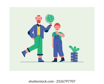 Male teacher teaching world knowledge on a globe to his little boy student, learning homeschooling. Character design. Vector flat illustration