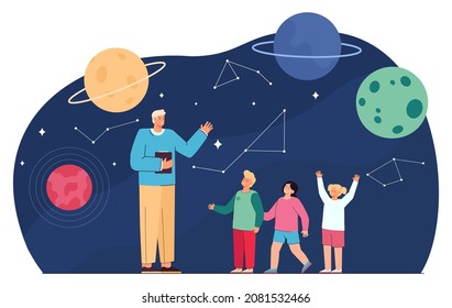 Male teacher telling kids about solar system in observatory. School trip to planetarium flat vector illustration. Education, astronomy, space concept for banner, website design or landing web page