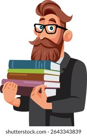 
Professor Macho com Personagem de Desenho Animado Vetor. Professor dedicado a levar livros para a sessão do curso