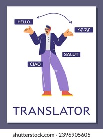 Male teacher or tutor of foreign multi languages held lesson. Translation and teaching service. Vector cartoon poster. Man translator online help understanding and interpreting.