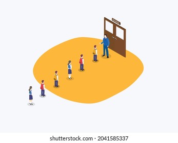 Male teacher using thermometer temperature screening on children for fever against the spread virus while student is coming back to school. Isometric vector concept