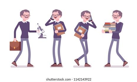 Male teacher at work. School, universirty or college worker, at lesson for students. Professional education and learning concept. Vector flat style cartoon illustration isolated on white background
