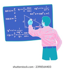 Male teacher writes mathematical formulas on the blackboard