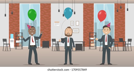 Male team celebrating success in office. Vector illustration.