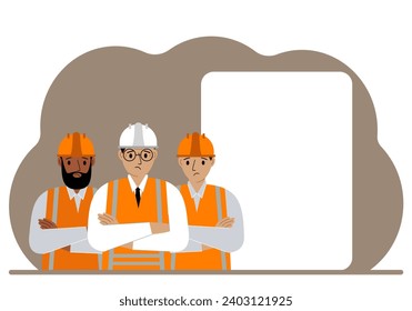 A male team of construction workers in hard hats and orange vests stand near a large white sheet.