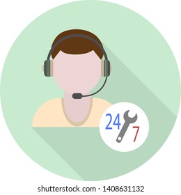 male technical support flat icon with round-the-clock work symbol on green background