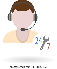 male technical support flat icon with round-the-clock work symbol isolated
