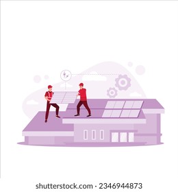 A male technician carries solar photovoltaic modules on the roof of a house. Alternative and renewable energy concept. Isometric solar cell power plant roof maintenance team. 