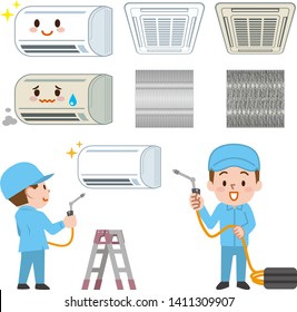 Male technician cleaning industrial air conditioner indoors