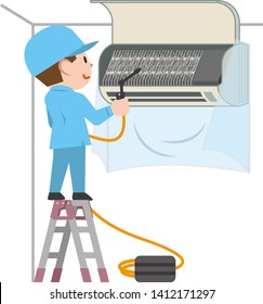 Male technician cleaning industrial air conditioner indoors