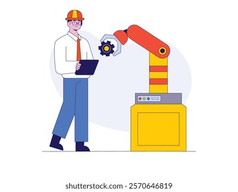 Male technician is controlling industrial machine. Design character. Vector flat illustration