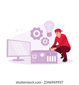 The male technician fixes the computer with a screwdriver. Engineering and repair service concept. Trend Modern vector flat illustration.