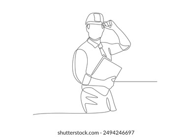 Male technician holding laptop. Labor concept one-line drawing