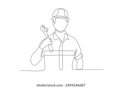 Male technician holding wrench. Labor concept one-line drawing