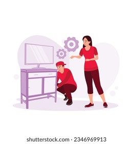 A male technician installs and connects a new TV at a female client's home. Service and maintenance concept. Trend Modern vector flat illustration.