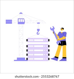 Técnico Masculino Gerenciando Equipamentos De Servidor Com Guindaste Em Ilustração De Vetor Plano Simbolizando Infraestrutura De TI, Engenharia E Tecnologia, Isolado Em Fundo Branco.