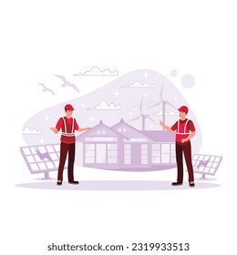 A male technician with photovoltaic solar modules installing solar panel systems outside the house. Trend Modern vector flat illustration.