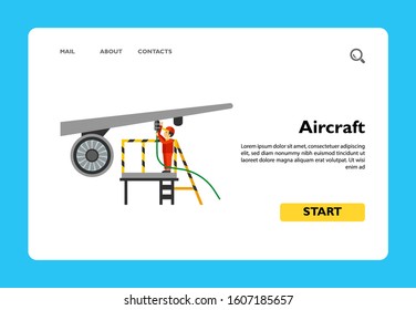 Male technician standing on landing and repairing aircraft. Aircraft check, aircraft fueling, aircraft engineering. Maintenance concept. Can be used for topics like business, transport, engineering