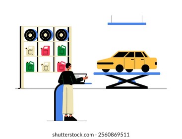 Male Technician Supervising Yellow Car On Platform In Flat Vector Illustration Symbolizing Vehicle Inspection, Maintenance, And Service, Isolated On White Background.