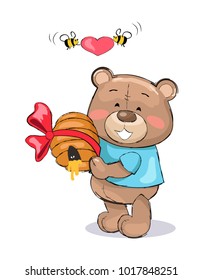 Male teddy bear in blue t-shirt holding hive full of honey and smile, bees flying with red heart above him, present for Valentines Day vector on white