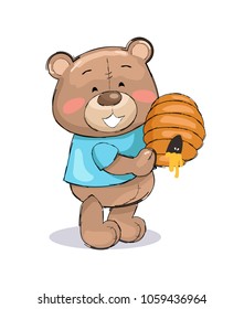 Male teddy bear in blue t-shirt holding hive full of honey and smile, gift for you on Saint Valentine's day vector illustration toy animal on white