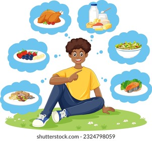 Male teen thinking about eating healthy fod illustration