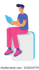 Male teenager with book sitting on white block semi flat color vector character. Full body person on white. Reading fiction simple cartoon style illustration for web graphic design and animation
