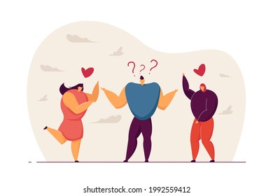 Male teenager choosing between two lovers. Man thinking of two sweethearts and having tough choice flat vector illustration. Love, dilemma concept for banner, website design or landing web page