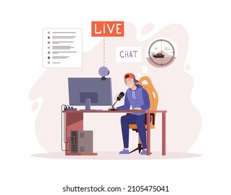 Male teenager gamer blogger playing video online broadcasting on computer gaming channel. Guy in headphones microphone communication cyberspace digital entertainment live streaming vlog flat vector