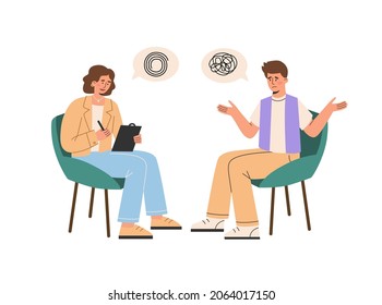 Male teenager patient talks with female psychologist. Psychotherapy session. Mental health. Vector flat  illustration  isolated on the white background.