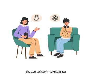 Male teenager patient talks with female psychologist. Psychotherapy session. Teen problems. Mental health. Vector flat  illustration  isolated on the white background.
