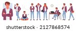 Male teenager student characters with different poses and gestures set vector illustration. Cartoon portrait of boy standing, walking, reading book and sitting with laptop to study isolated on white