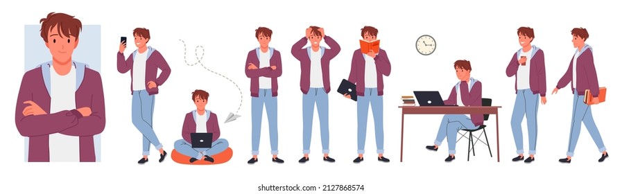 Male teenager student characters with different poses and gestures set vector illustration. Cartoon portrait of boy standing, walking, reading book and sitting with laptop to study isolated on white
