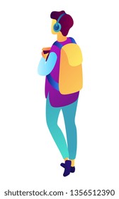 Male teenager walking with backpack, headphones and holding coffee isometric 3D illustration. Highschool student listening to music, student leisure, lifestyle concept. Isolated on white background.