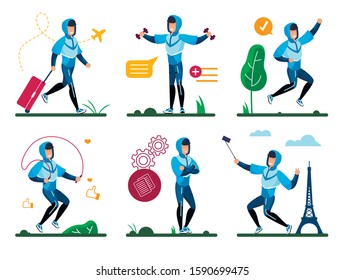 Male Teenager, Young Man Summer Time Activities Trendy Flat Vector Isolated Concepts Set. Active Guy Going on Travel with Baggage Bag, Doing Fitness Exercises, Shooting Selfie in Journey Illustrations