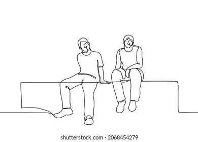 Male Teenagers Sit On The Wall Or Roof - One Line Drawing Vector. Teen Street Leisure Concept; Procrastination Of Children 