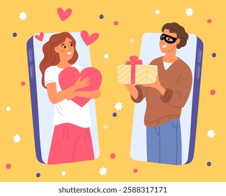 Male telephone love scammer. Dating application. Fake feeling. Couple communication. Man cheating woman. Smartphone app. Beloved girl. Phone crime. Cheater giving gift