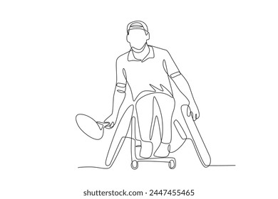 Male tennis athlete using a wheelchair.Parasport one-line drawing