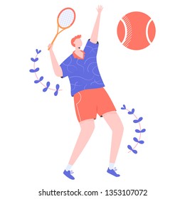 Male tennis player character with a racket in his hands. Professional or amateur player makes a tennis innings. Vector.