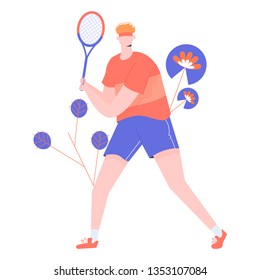 Male tennis player character with a racket in his hands. Professional or amateur player. Vector.