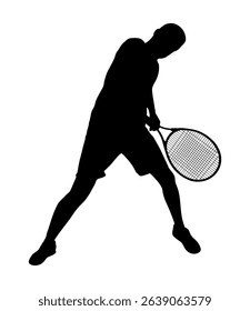Male tennis player, isolated silhouette. The type of sport is lawn tennis. An active person hitting a ball with a racket. Vector illustration