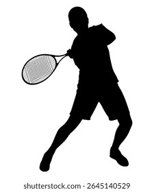 Male tennis player, isolated silhouette. The type of sport is lawn tennis. An active man hitting a ball with a racket. Vector illustration
