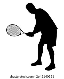 Male tennis player, isolated silhouette. The type of sport is lawn tennis. An active man hitting a ball with a racket. Vector illustration