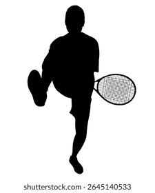 Tenista masculino, silhueta isolada. O tipo de esporte é o tênis de relva. Um homem ativo acertando uma bola com uma raquete. Ilustração vetorial