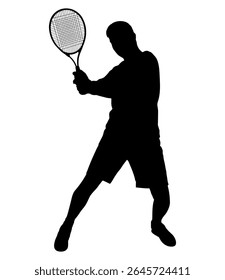 Tenista masculino, silhueta isolada. O tipo de esporte é o tênis de relva. Um homem ativo acertando uma bola com uma raquete. Ilustração vetorial